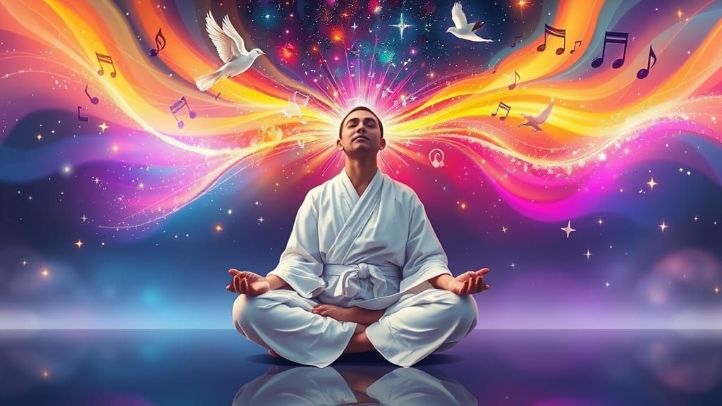 Meditator Bursts with Colorful Light and Shapes