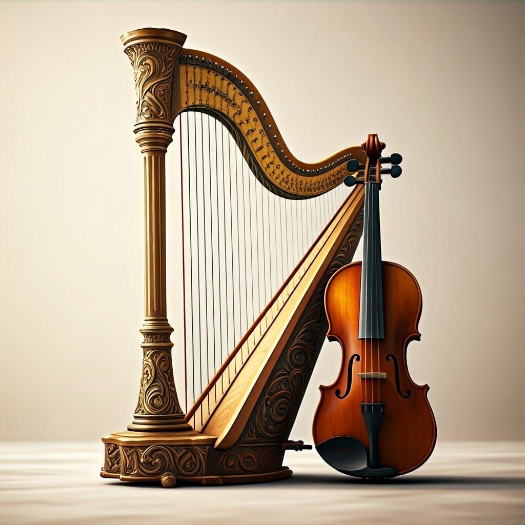 Intricately Carved Violin and Harp on a Velvety Cream Backgr...