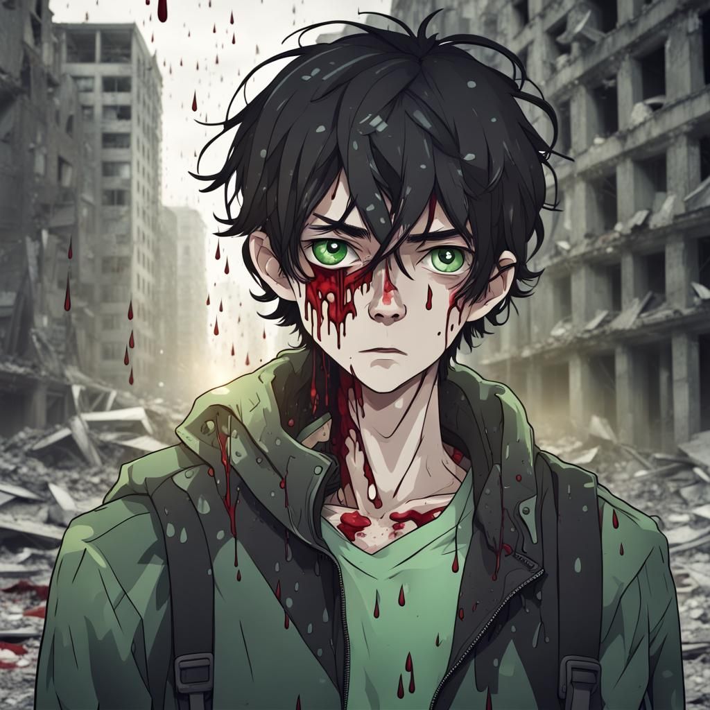 Haunting Portrait of Injured Man Amidst Ruins