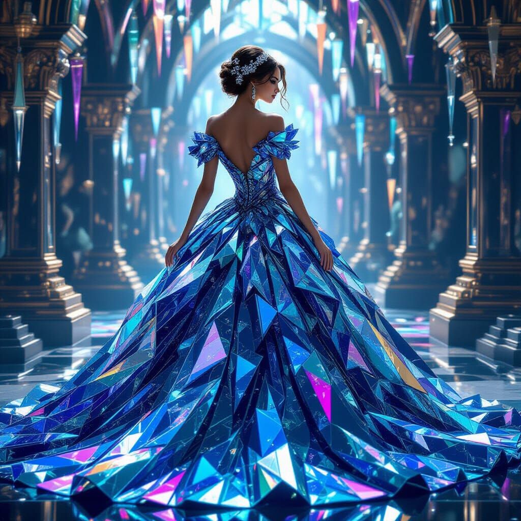 Regal Woman in Shimmering Glass Ballgown