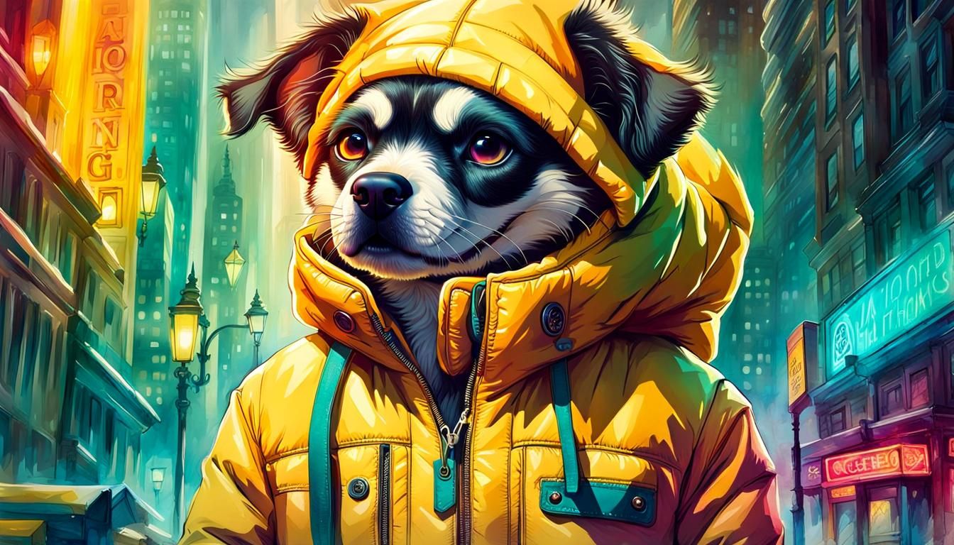 Anthropomorphic Dog in Yellow Jacket, Digital Art