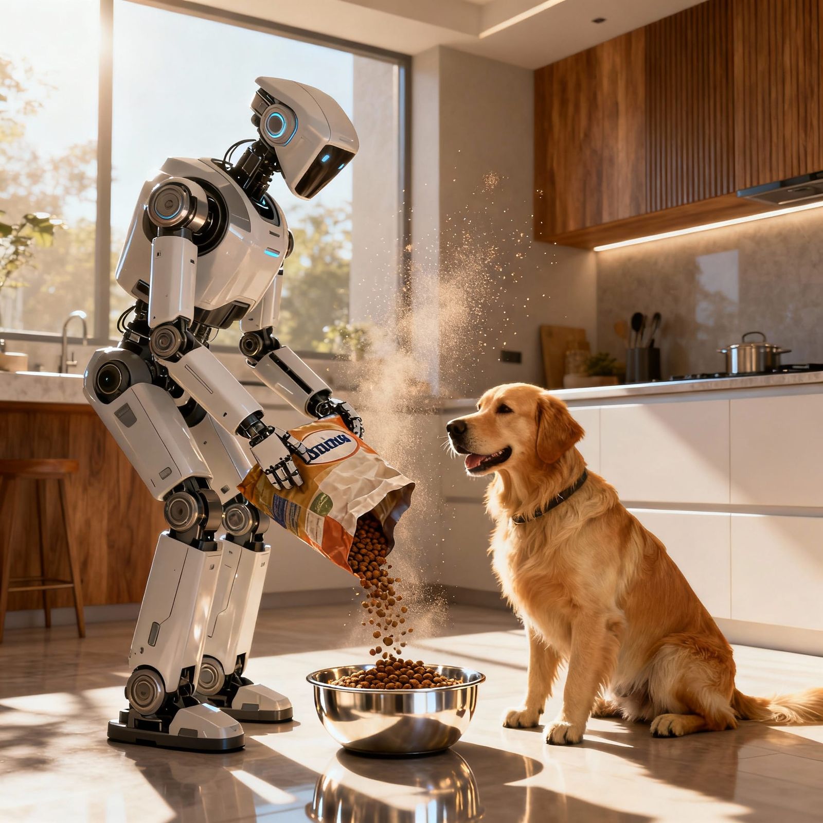 Robot Serves Dog Food in Modern Kitchen