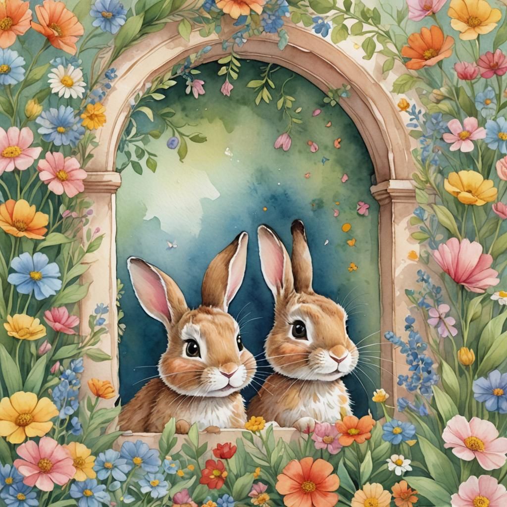 Whimsical Bunny in Floral Frame Watercolor Illustration