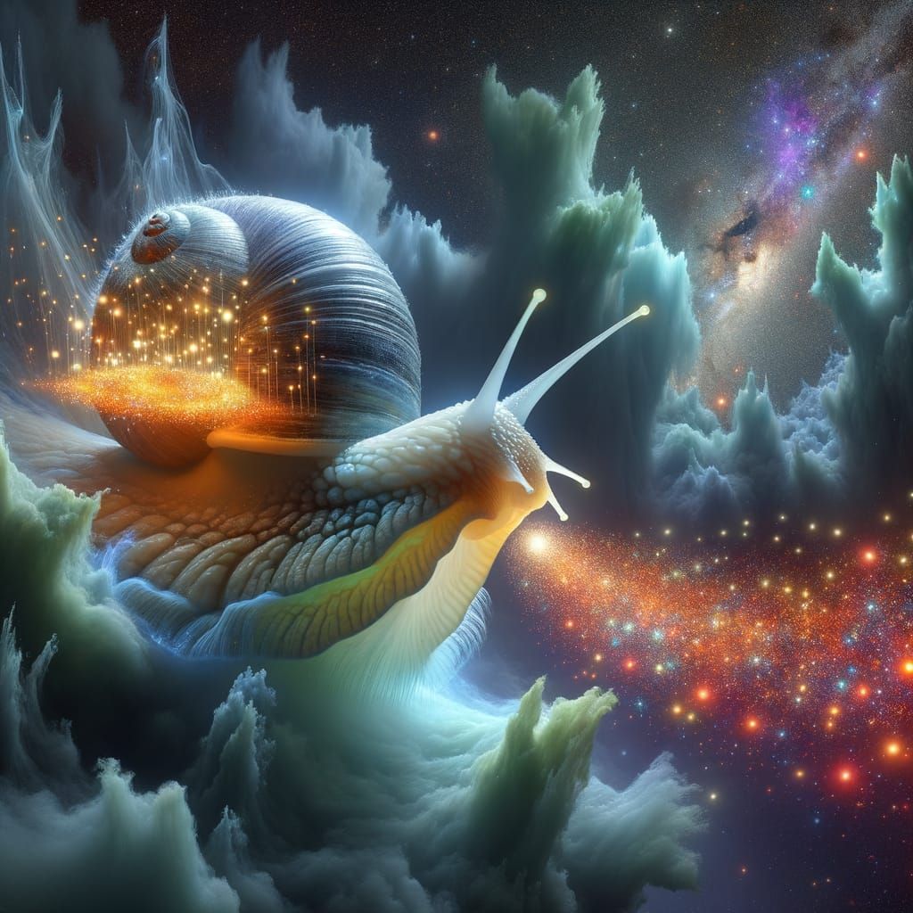 Giant Bioluminescent Snail with Festival in Cosmic Nebula