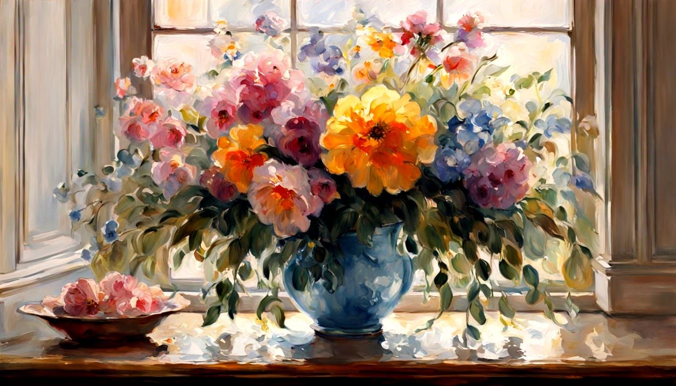 Watercolor ink stained-glass flowers in rain