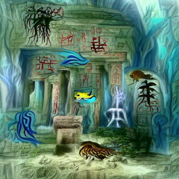 Submerged Temple Ruins: Ancient Hieroglyphs in Fantasy Ocean