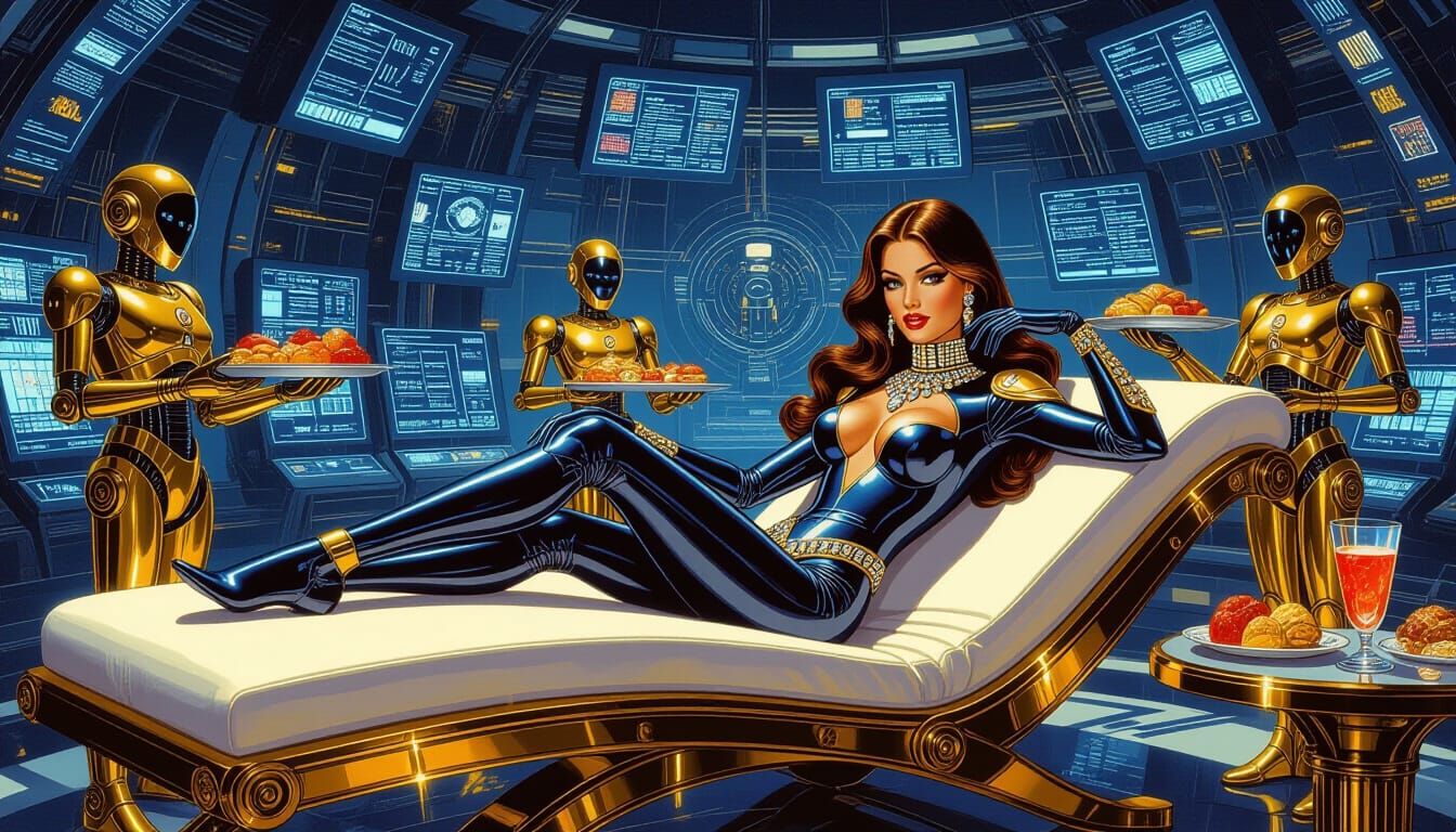 Futuristic Princess Relaxing with Robot Servants