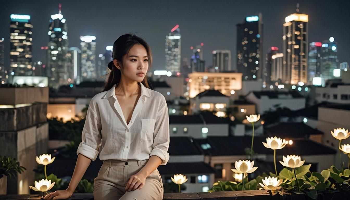 Enchanted Vietnamese Woman on Rooftop Garden Terrace