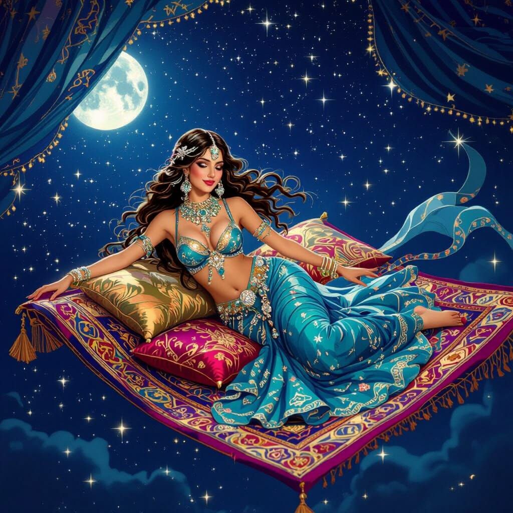 Belly Dancer on Magic Carpet Under Starry Night Sky