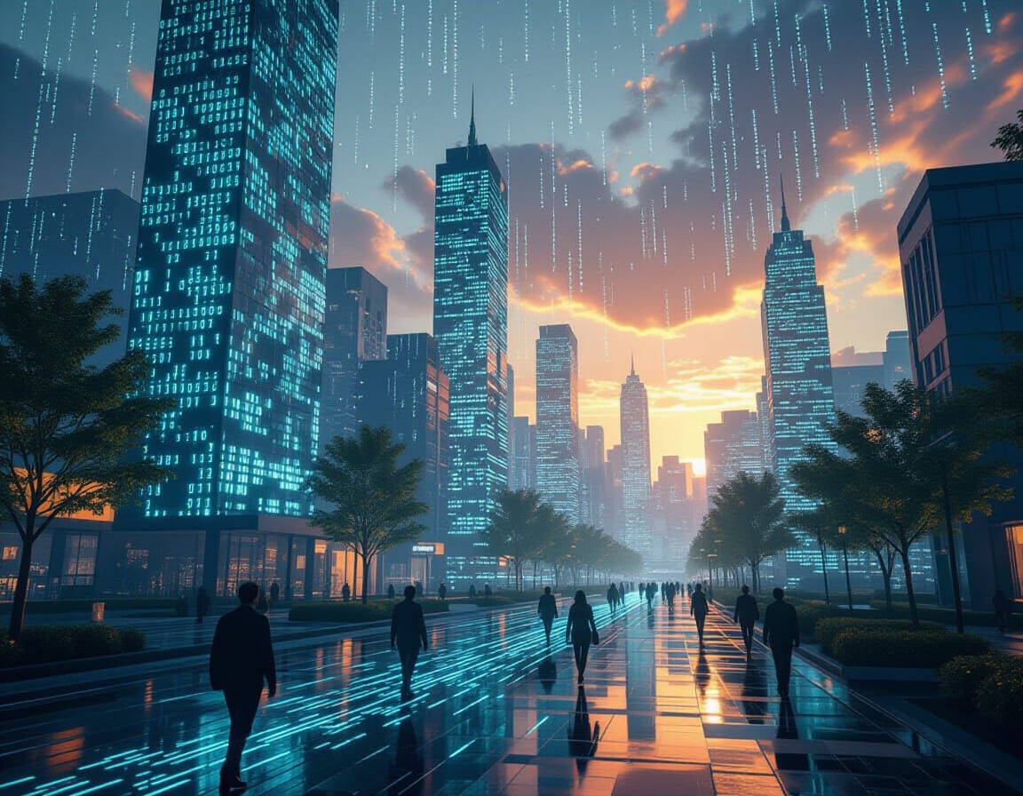 Surreal Landscape of Glowing Binary Code World