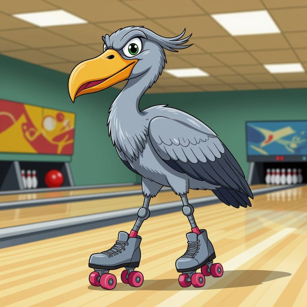 Cartoon Shoebill Stork Rollerskating in Bowling Alley