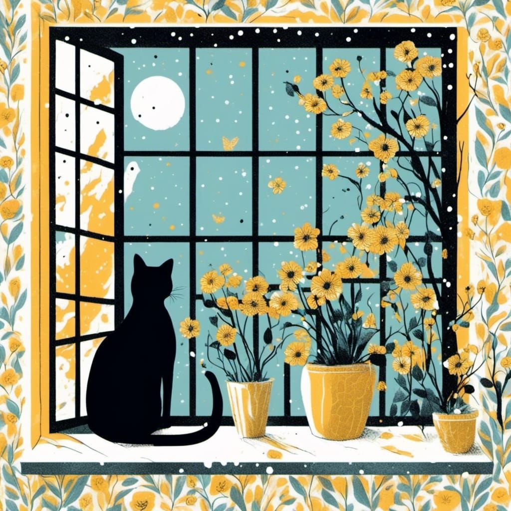 Stick Figure Cat Gazing at Snowy Mountains