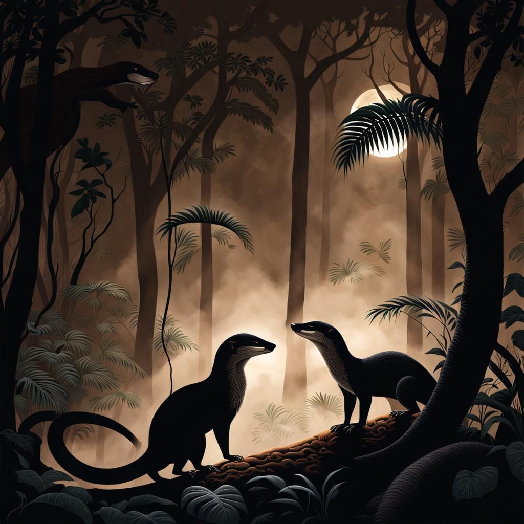 A Mongoose and a hooded king cobra snake facing off