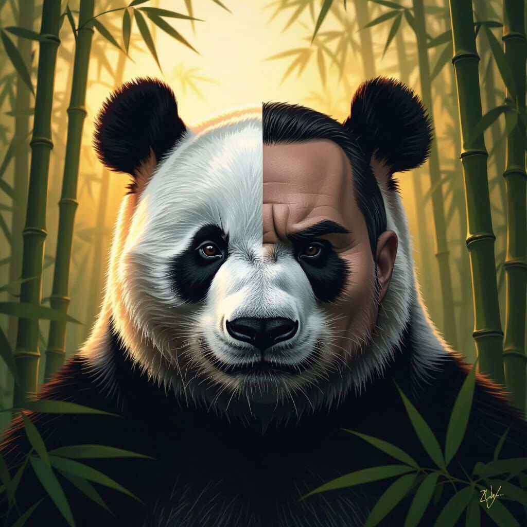 Panda Man Hybrid in Serene Bamboo Forest