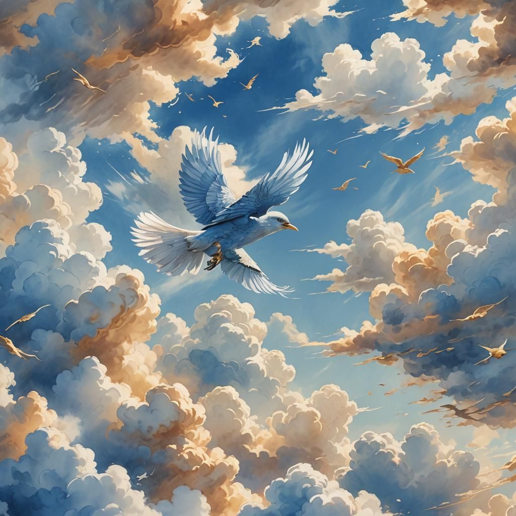 Watercolor Bird Soaring Through Dreamy Clouds
