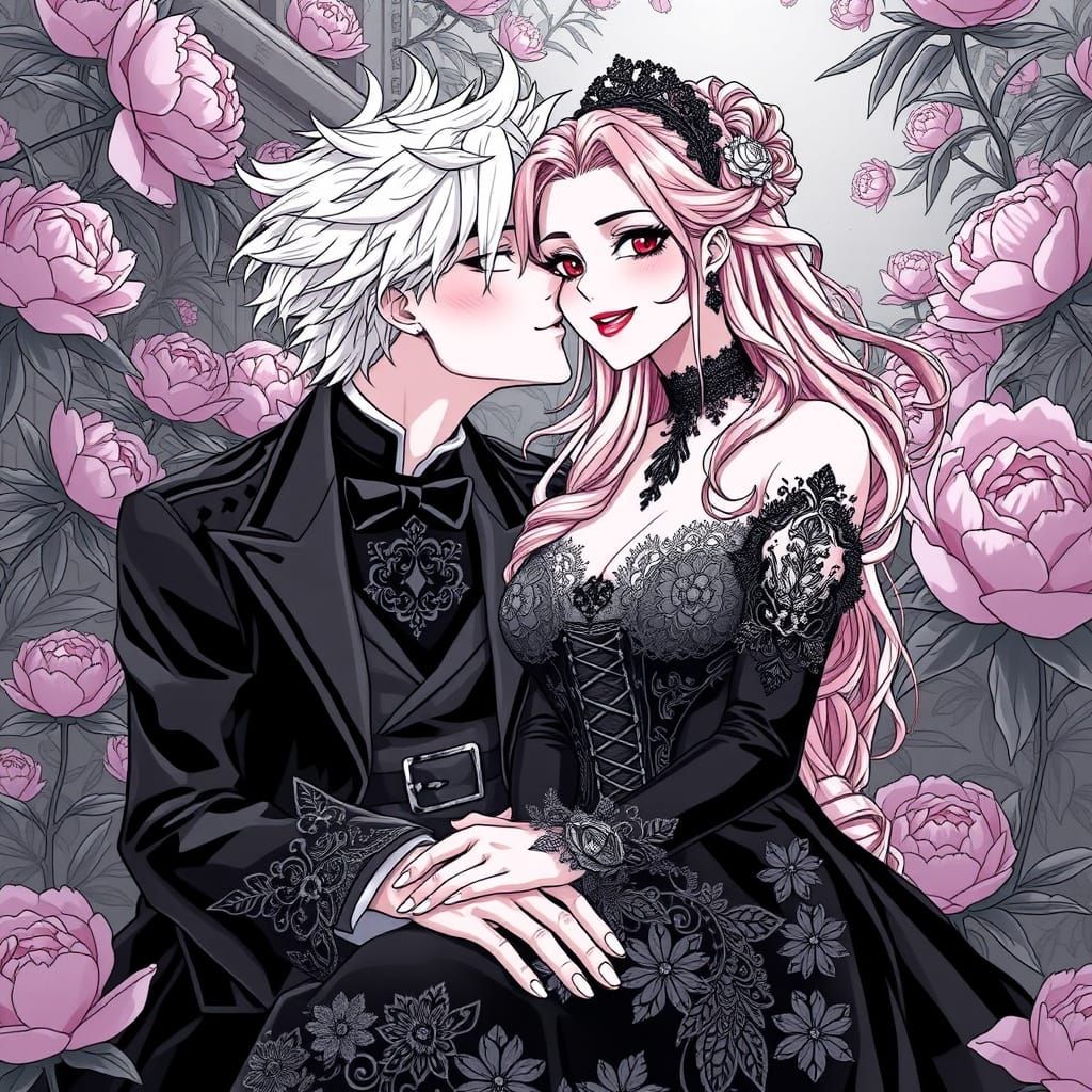Ethereal Gothic Couple in a Vibrant Peony Garden