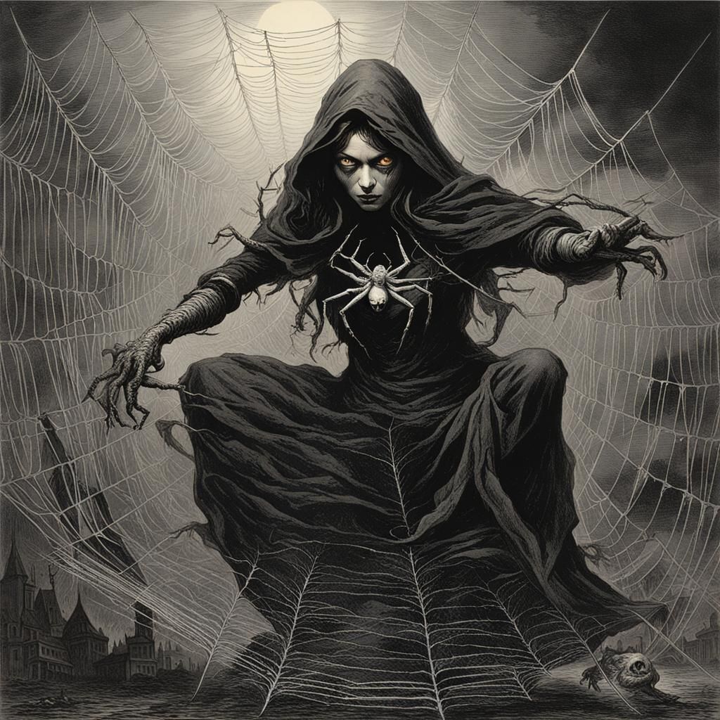 Horror Spider-Woman Weaving Web in Gothic Style