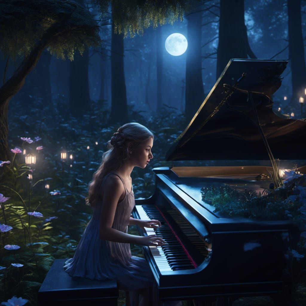 Girl Plays Piano in Enchanted Forest, Art Nouveau