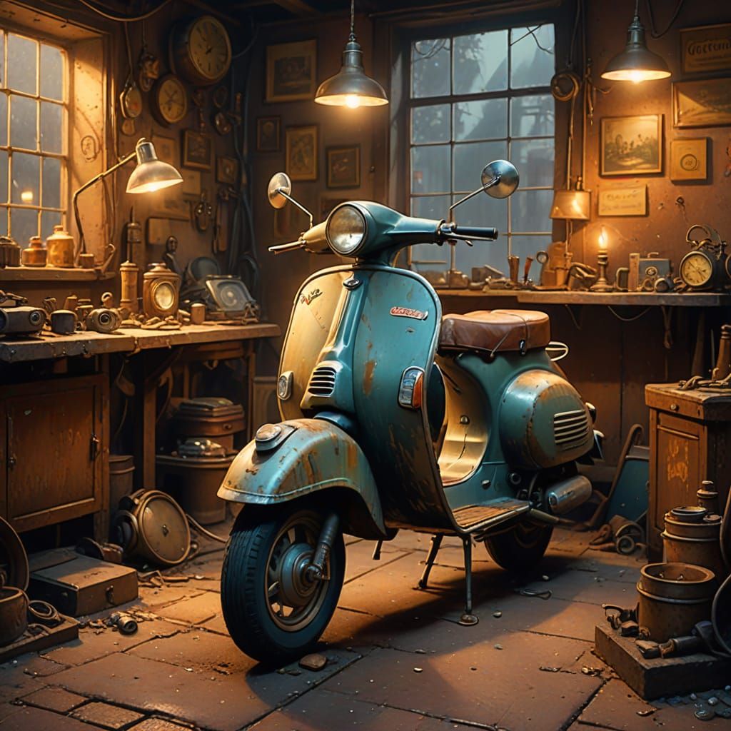 Vintage Vespa Repair Shop in Ethereal Fantasy Style