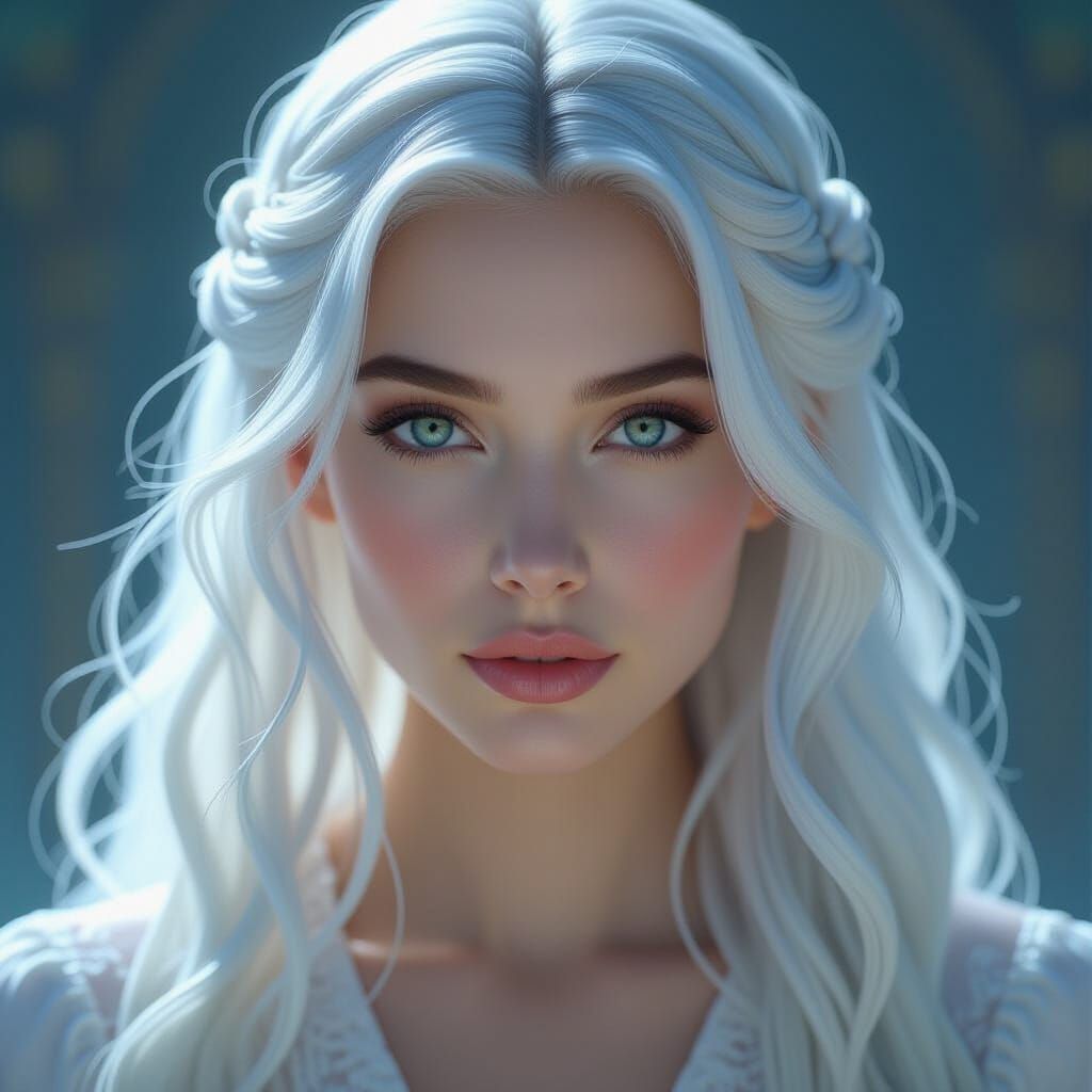 A young woman with long, wavy white hair and pale skin maint...