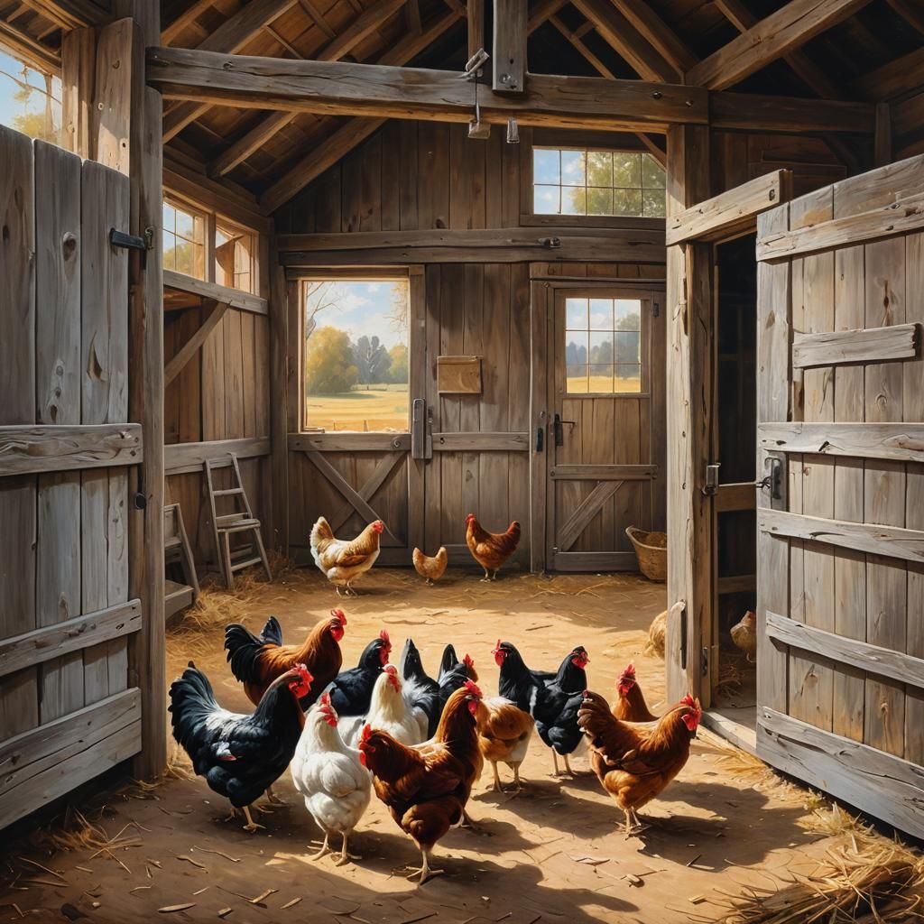 Open Barn Doors with Chickens, Oil Painting