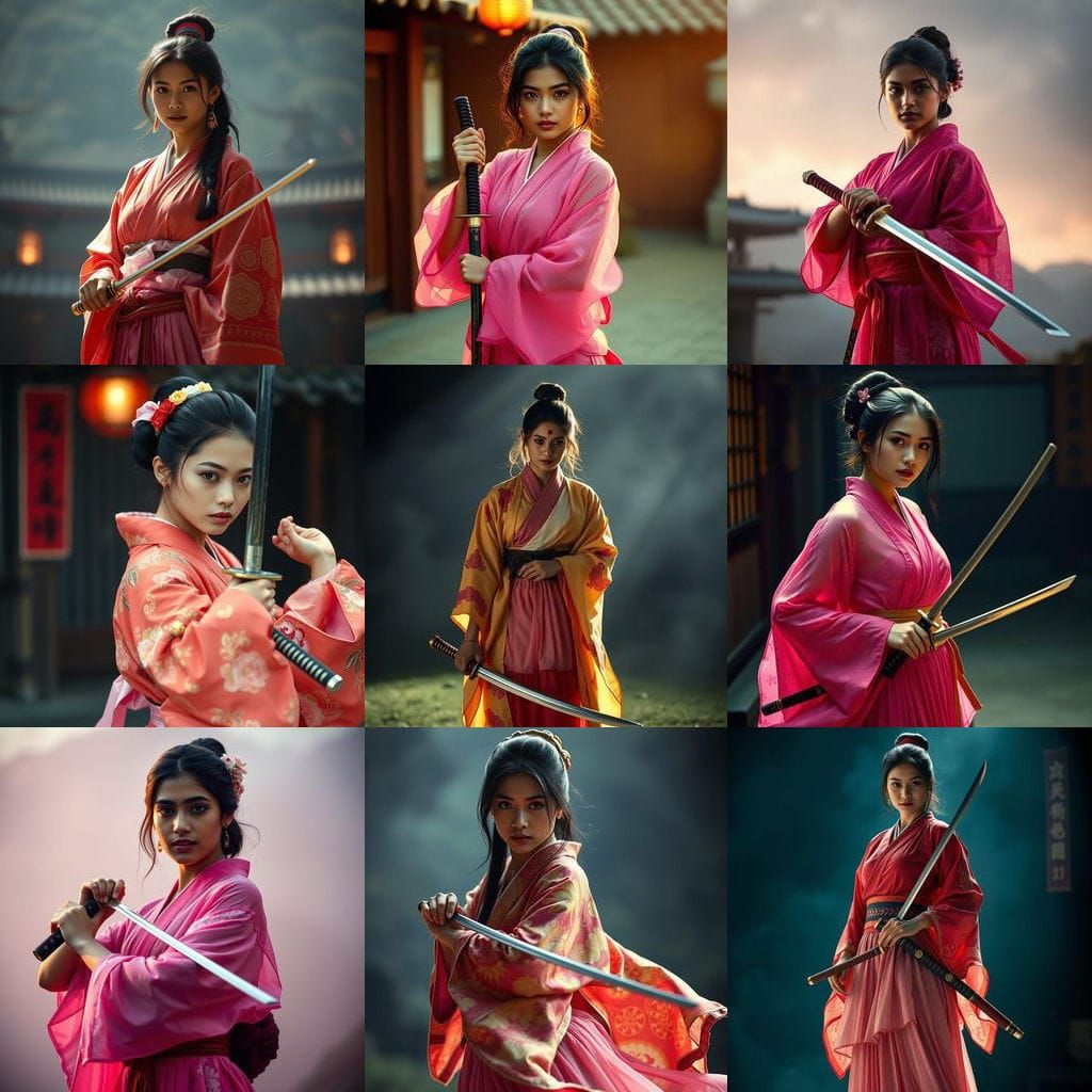 Surreal Young Woman Wields Katana in Cinematic Film Still