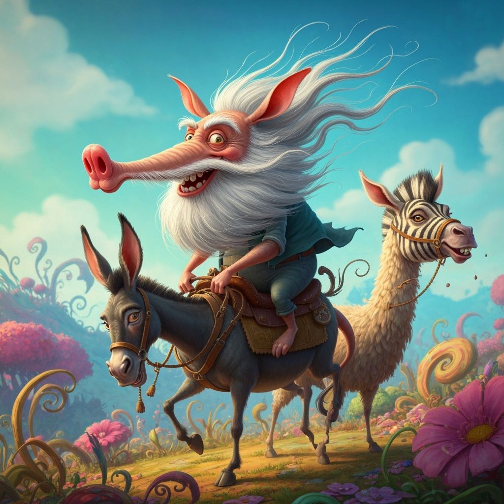 Whimsical Aardvark Rides Hybrid Beast in Searle Style