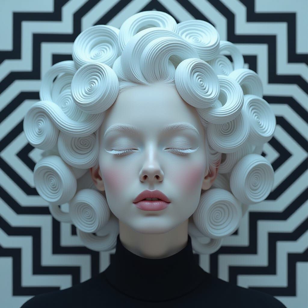 Surreal Geometric Hair Portrait in Monochrome