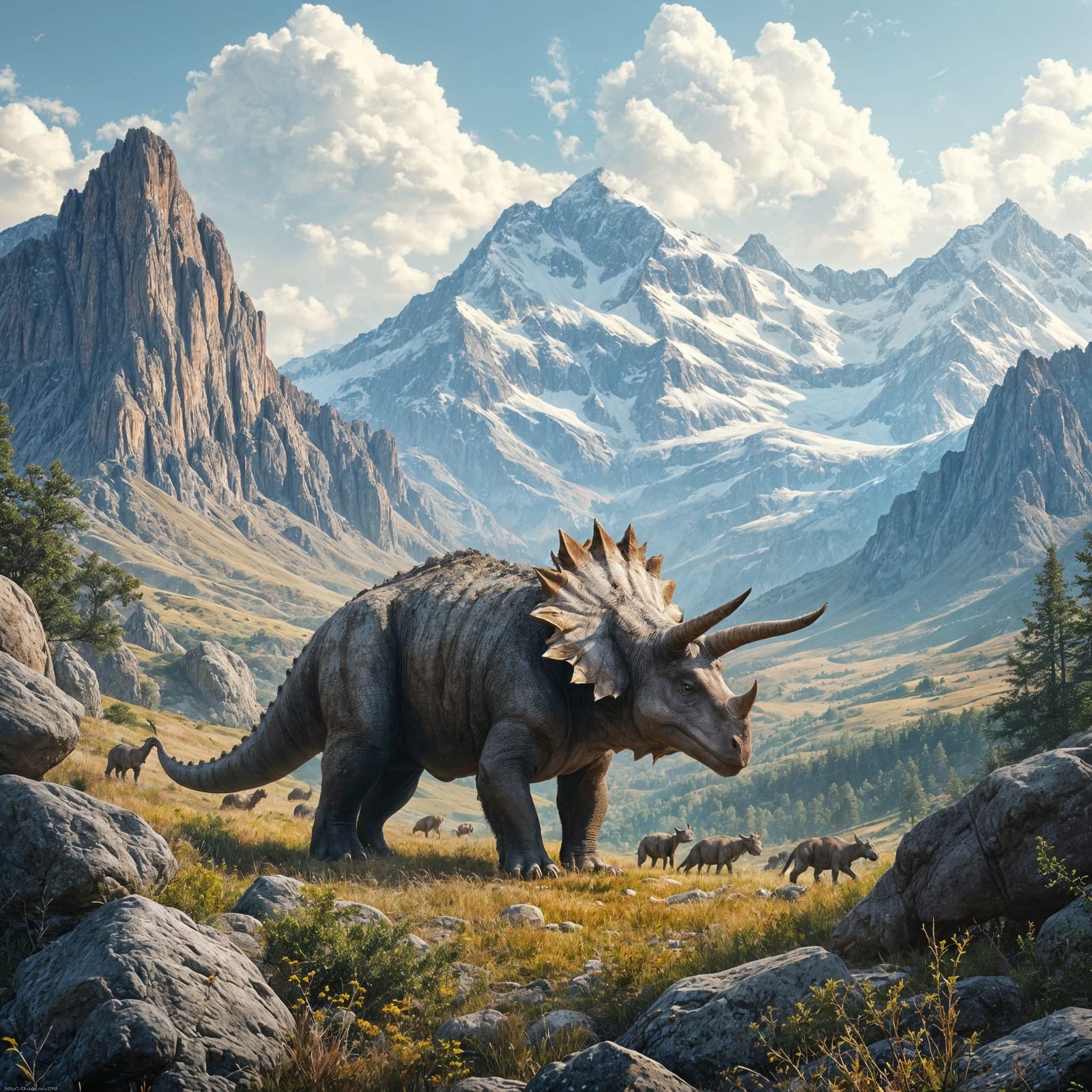 Triceratops Herd Stalked By Velociraptors in Majestic Matte ...
