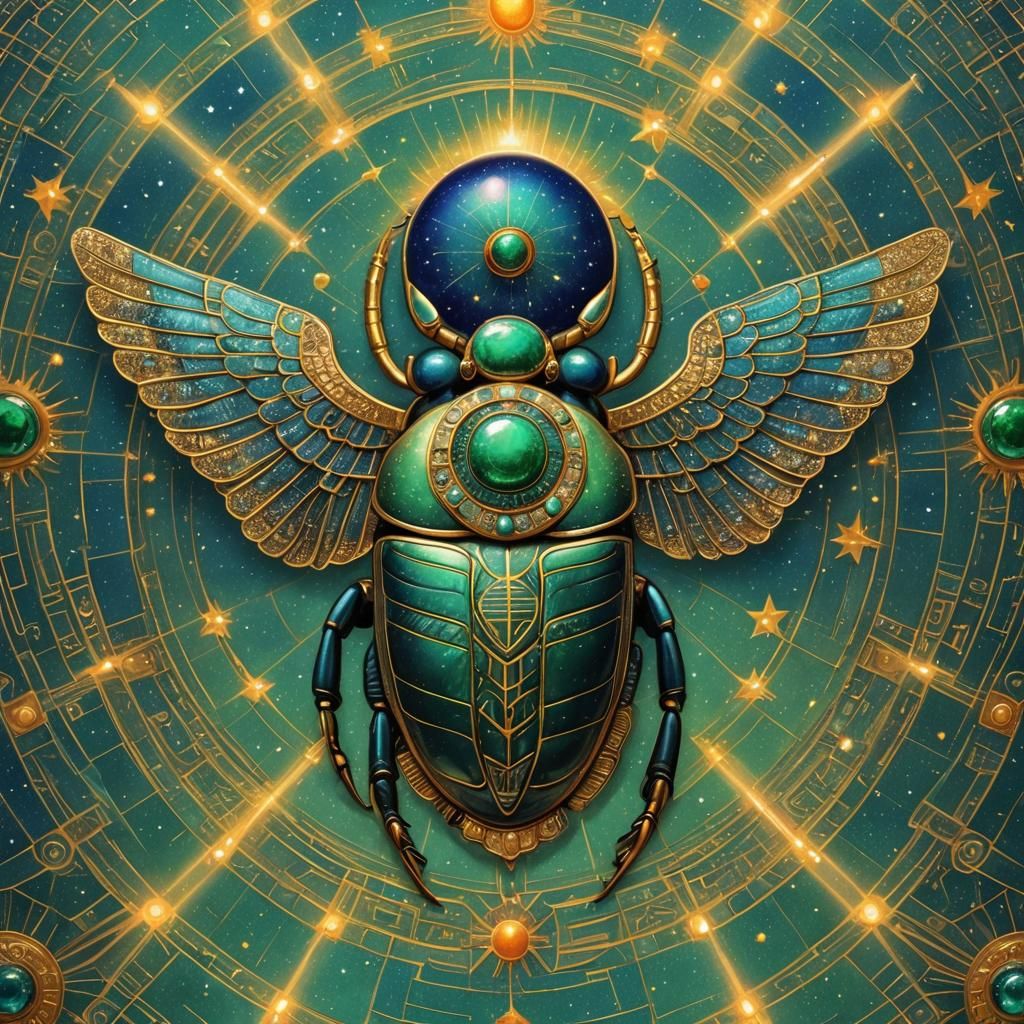 Winged Scarab Beetle with Sun, Metallic Texture
