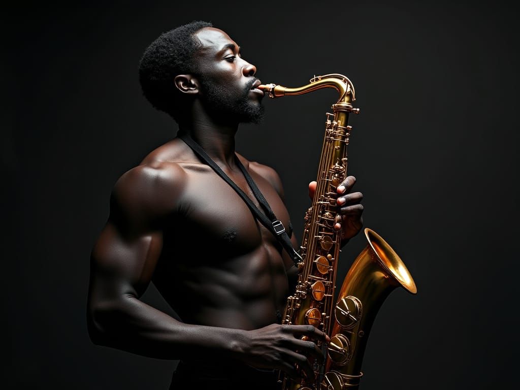 Sculptural Black Man with Saxophone in Dramatic Lighting