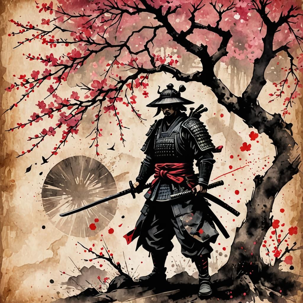 Samurai Silhouette Under Sakura Tree in Watercolour