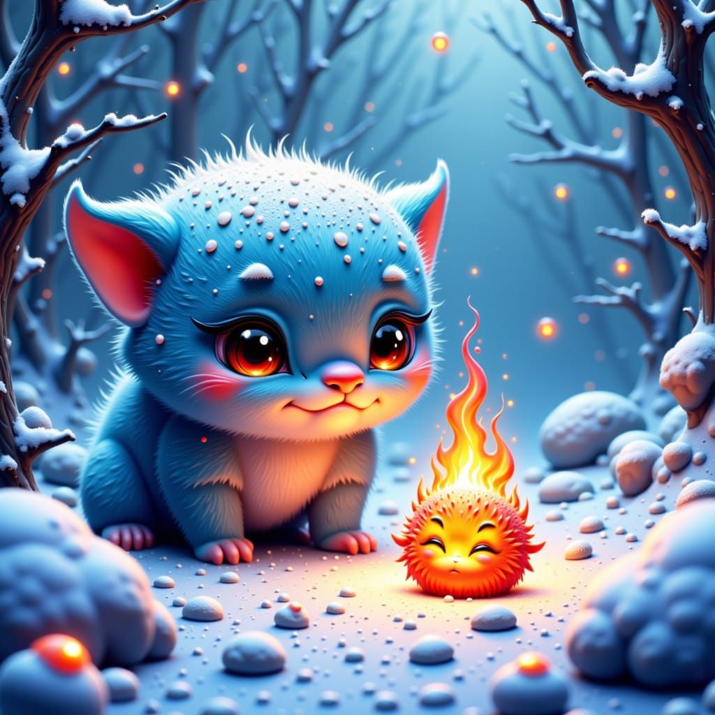 Snowflake Meets Flame Critter in Whimsical Winter Wonderland