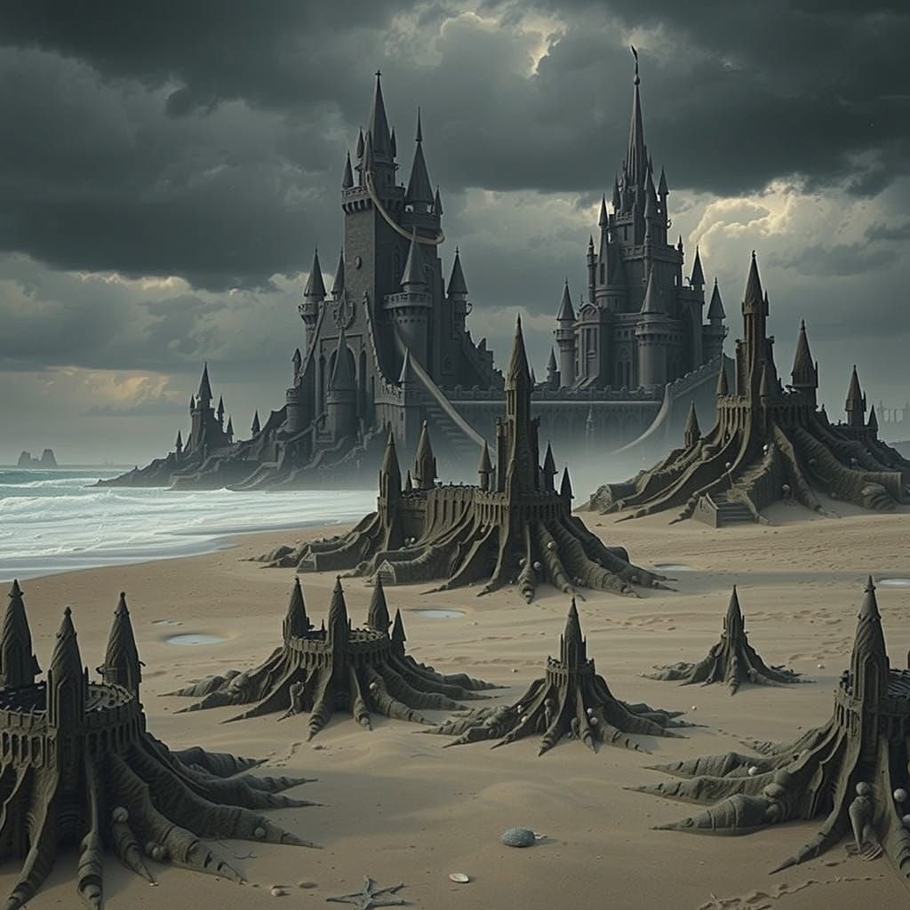 Haunting Beach Scene: Towering Sandcastles and Ominous Storm...