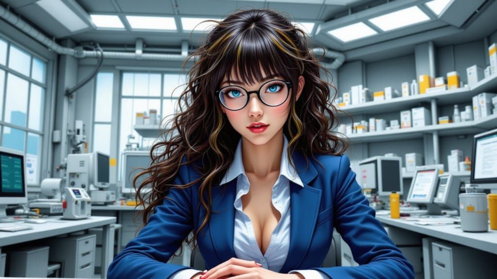 Female Scientist in Laboratory, Hyper-Realistic Illustration
