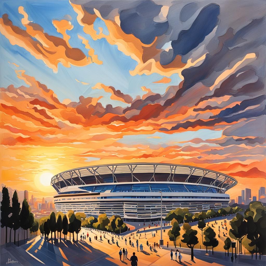 Sunset Over Santiago Bernabeu: A Gouache Painting