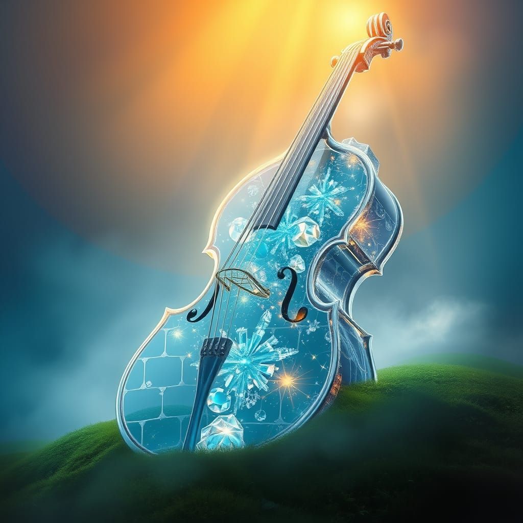 Crystal Cello Rises from Emerald Hill in Gentle Mist