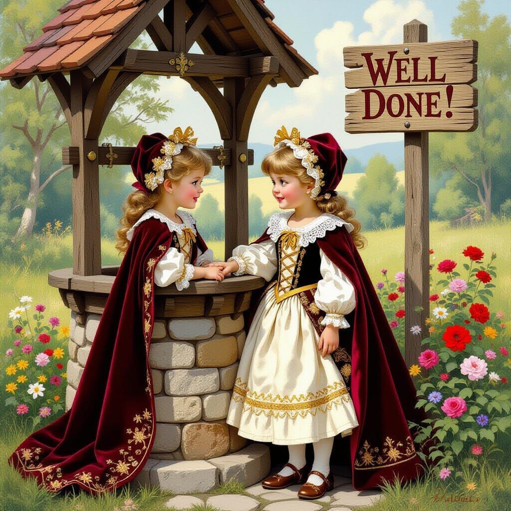 Girl at Wishing Well in Charming Pin-Up Style