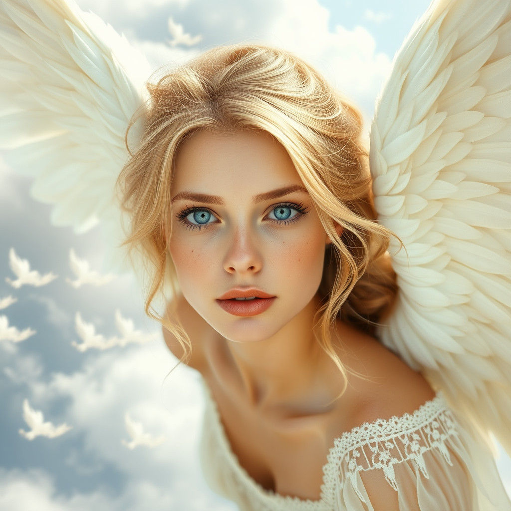 Ethereal Angel with Blonde Hair in Dreamy Clouds