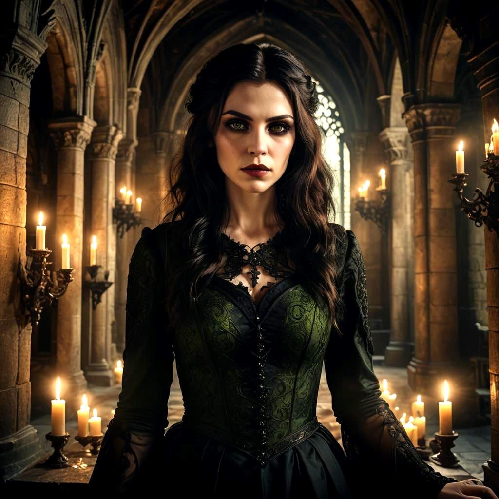 Alluring Vampire in Gothic Castle, Detailed Matte Painting
