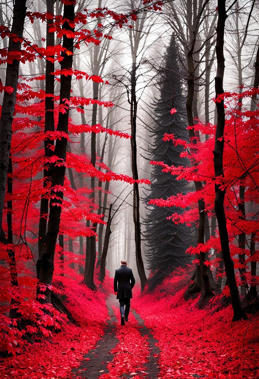 Bearded Man Walks Through Ruby Red Autumn Woods