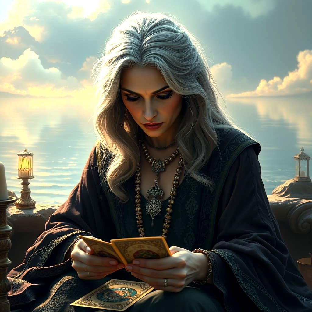 A beautiful woman older with silky  grey hair, dressed in gypsy attire is depicted as a mystic fortune teller She is rea...