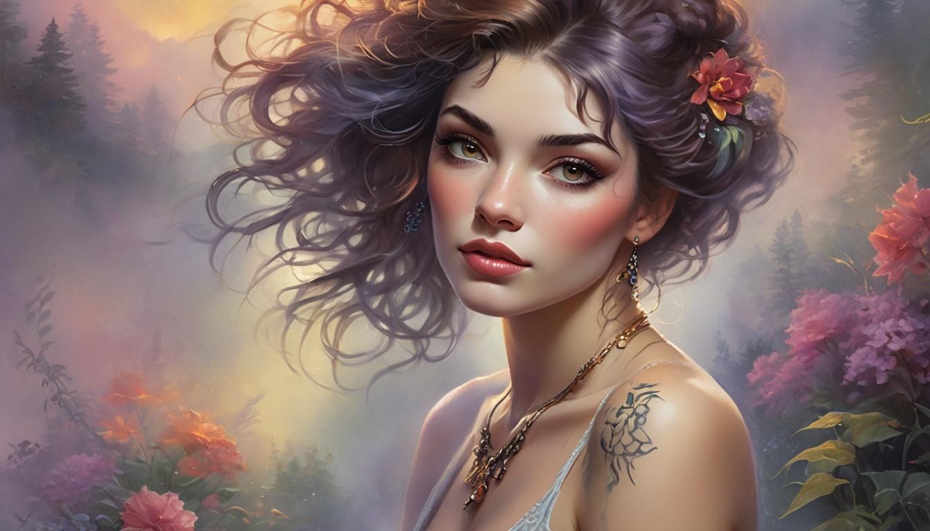 Ethereal Tattooed Temptress Portrait in Watercolor Style