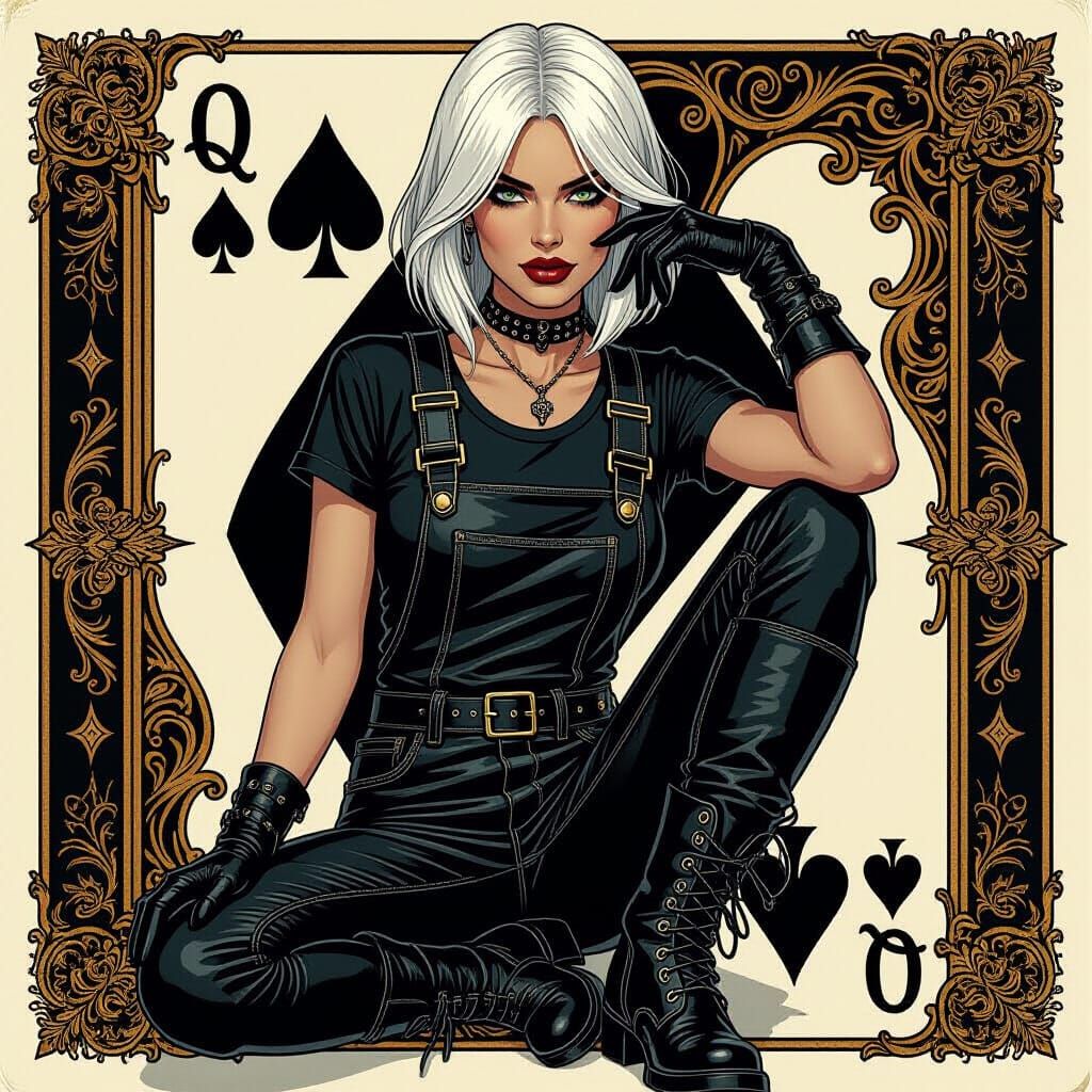 Dark Elf Queen of Spades Card in Gothic Art Nouveau Style