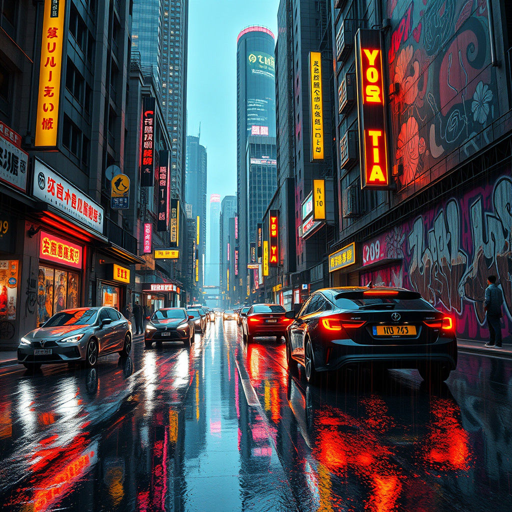 Neon Graffiti Streetscape in Futuristic Hong Kong
