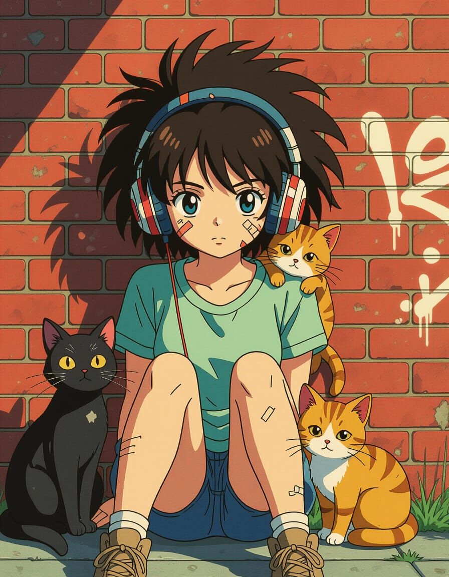 Anime Girl with Cats and Headphones Against Graffiti Wall