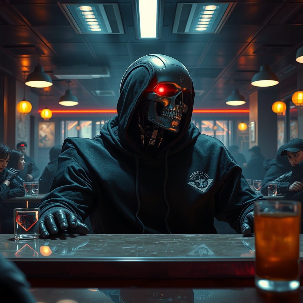 Cyborg Confrontation in Cyberpunk Cafe, Ultra-Detailed