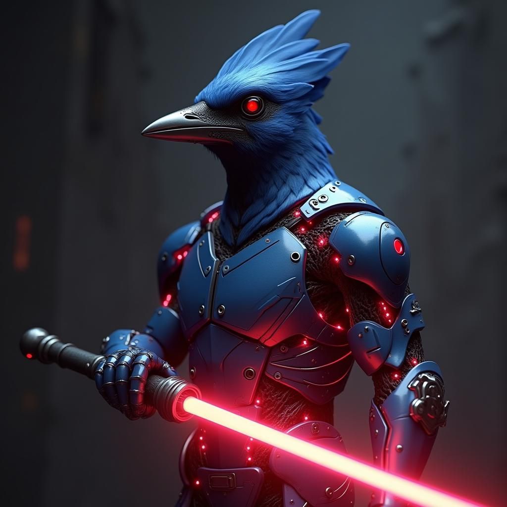 Armored Blue Jay Warrior with Red Lightsaber
