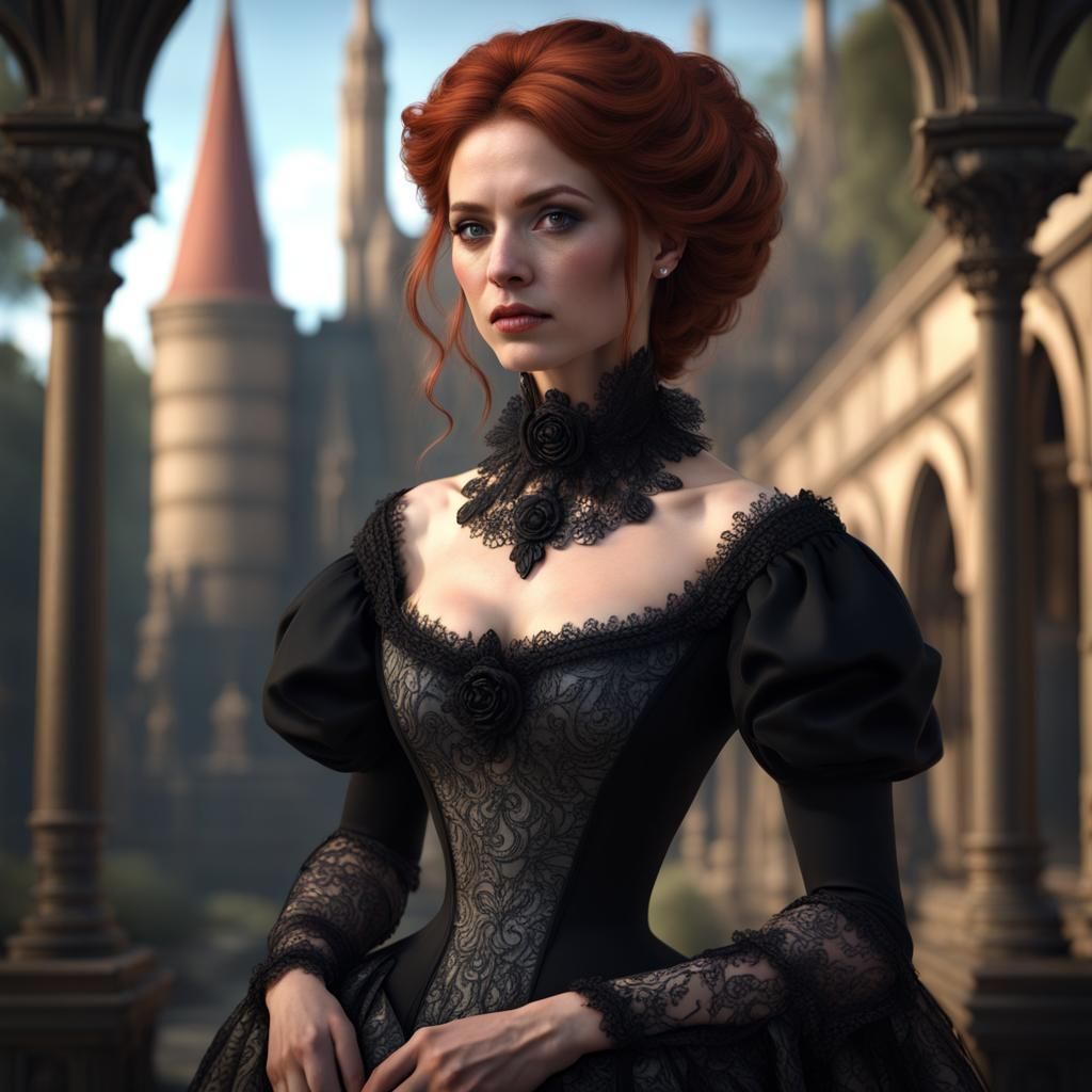 Auburn Haired Woman in Elaborate Elizabethan Gown