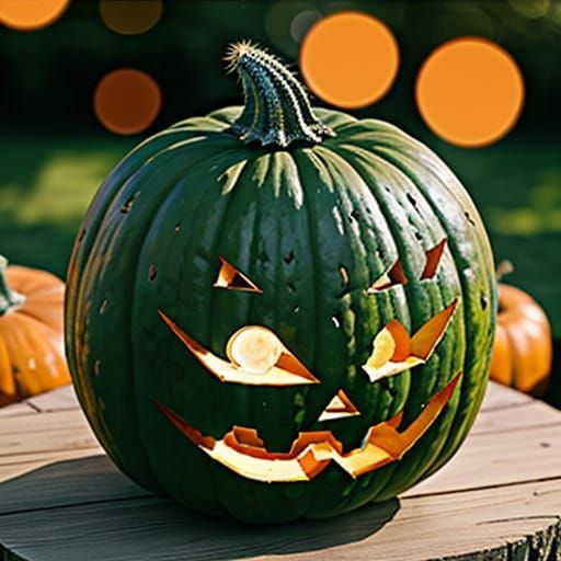 Cactus Pumpkin Hybrid with Pumpkin Head in Bokeh